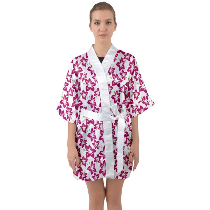 Cute Flowers - Peacock Pink White Half Sleeve Satin Kimono 