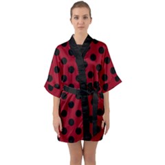 Polka Dots Black On Carmine Red Half Sleeve Satin Kimono  by FashionBoulevard