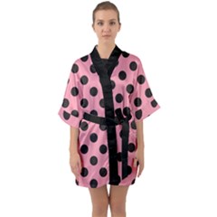 Polka Dots Black On Flamingo Pink Half Sleeve Satin Kimono  by FashionBoulevard