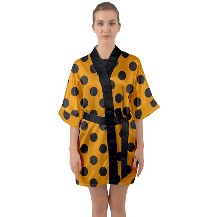 Polka Dots Black On Honey Orange Half Sleeve Satin Kimono 