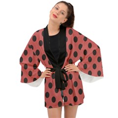 Polka Dots Black On Indian Red Long Sleeve Kimono by FashionBoulevard