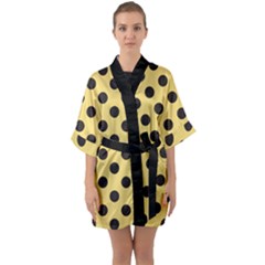 Polka Dots Black On Mellow Yellow Half Sleeve Satin Kimono  by FashionBoulevard