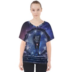 Awesome Wolf In The Gate V-neck Dolman Drape Top by FantasyWorld7