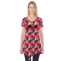 Doily Rose Pattern Watermelon Pink Short Sleeve Tunic  by snowwhitegirl