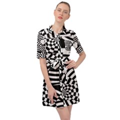 Black And White Crazy Pattern Belted Shirt Dress by Sobalvarro