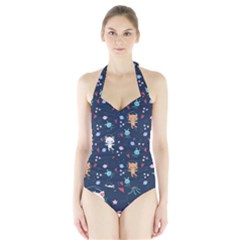 Cute Astronaut Cat With Star Galaxy Elements Seamless Pattern Halter Swimsuit by Vaneshart