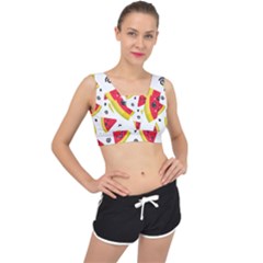 Cute Smiling Watermelon Seamless Pattern White Background V-back Sports Bra by Nexatart