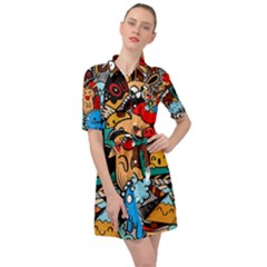 Abstract Grunge Urban Pattern With Monster Character Super Drawing Graffiti Style Belted Shirt Dress by Nexatart