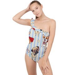 Pattern Dog Frilly One Shoulder Swimsuit by Nexatart