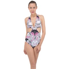 Big Set With Cute Cartoon Animals Bear Panda Bunny Penguin Cat Fox Halter Front Plunge Swimsuit by Vaneshart