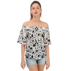 Seamless Pattern With Black White Doodle Dogs Off Shoulder Short Sleeve Top by Vaneshart