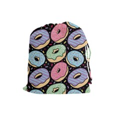 Colorful Donut Seamless Pattern On Black Vector Drawstring Pouch (large) by Sobalvarro