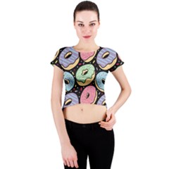 Colorful Donut Seamless Pattern On Black Vector Crew Neck Crop Top by Sobalvarro