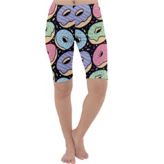 Colorful Donut Seamless Pattern On Black Vector Cropped Leggings  by Sobalvarro