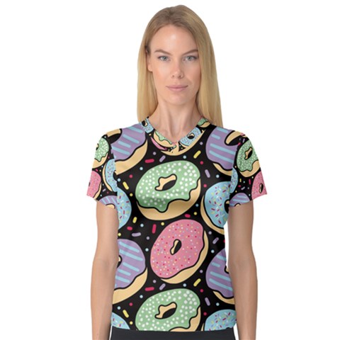 Colorful Donut Seamless Pattern On Black Vector V-neck Sport Mesh Tee by Sobalvarro