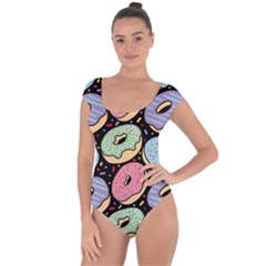 Colorful Donut Seamless Pattern On Black Vector Short Sleeve Leotard  by Sobalvarro