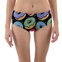 Colorful Donut Seamless Pattern On Black Vector Reversible Mid-waist Bikini Bottoms by Sobalvarro