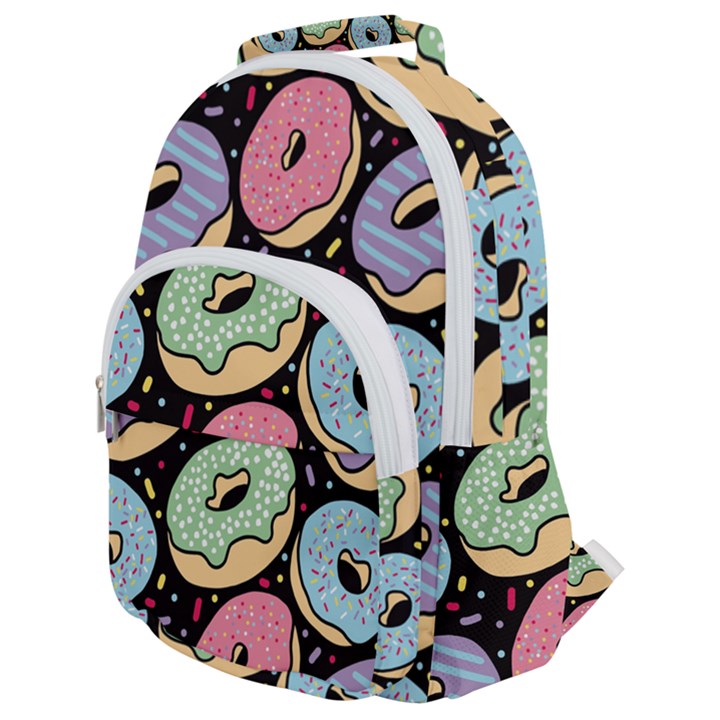 Colorful Donut Seamless Pattern On Black Vector Rounded Multi Pocket Backpack