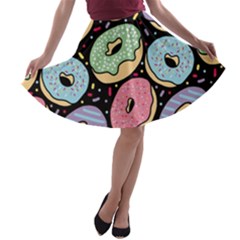 Colorful Donut Seamless Pattern On Black Vector A-line Skater Skirt by Sobalvarro