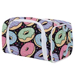 Colorful Donut Seamless Pattern On Black Vector Toiletries Pouch by Sobalvarro