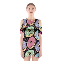 Colorful Donut Seamless Pattern On Black Vector Shoulder Cutout One Piece Dress by Sobalvarro