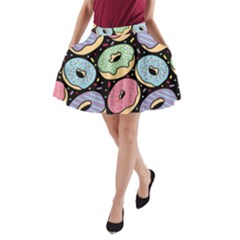 Colorful Donut Seamless Pattern On Black Vector A-line Pocket Skirt by Sobalvarro