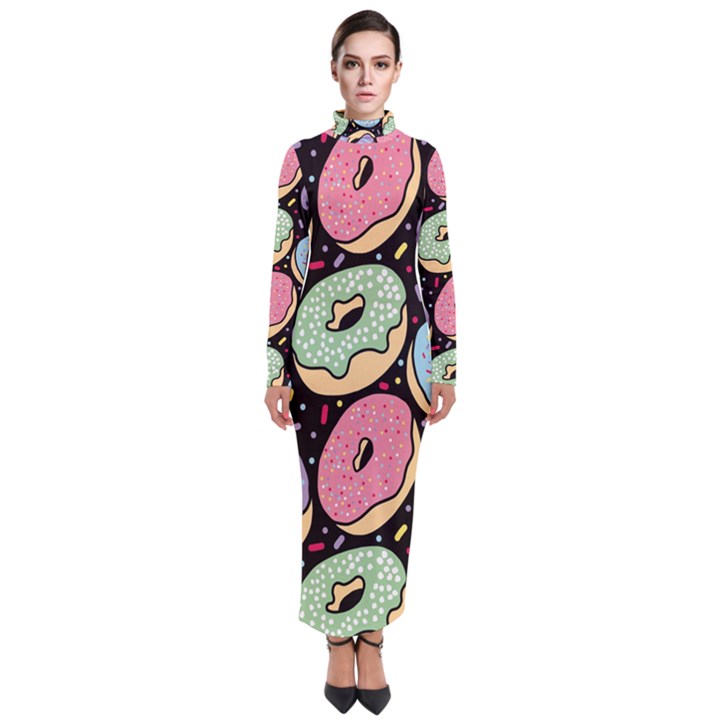 Colorful Donut Seamless Pattern On Black Vector Turtleneck Maxi Dress