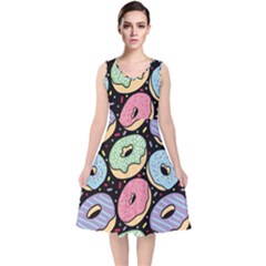 Colorful Donut Seamless Pattern On Black Vector V-neck Midi Sleeveless Dress  by Sobalvarro