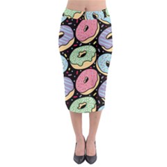 Colorful Donut Seamless Pattern On Black Vector Midi Pencil Skirt by Sobalvarro