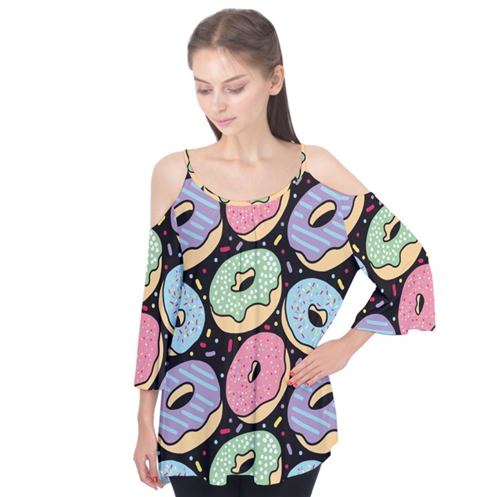 Colorful Donut Seamless Pattern On Black Vector Flutter Tees