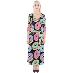 Colorful Donut Seamless Pattern On Black Vector Quarter Sleeve Wrap Maxi Dress by Sobalvarro