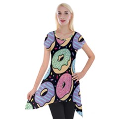 Colorful Donut Seamless Pattern On Black Vector Short Sleeve Side Drop Tunic by Sobalvarro