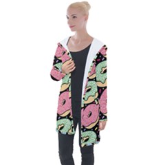 Colorful Donut Seamless Pattern On Black Vector Longline Hooded Cardigan by Sobalvarro