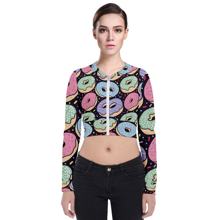 Colorful Donut Seamless Pattern On Black Vector Long Sleeve Zip Up Bomber Jacket