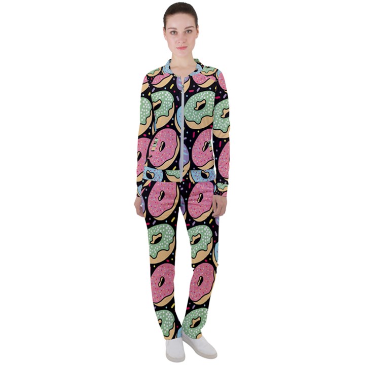 Colorful Donut Seamless Pattern On Black Vector Casual Jacket and Pants Set