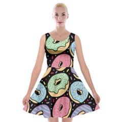 Colorful Donut Seamless Pattern On Black Vector Velvet Skater Dress by Sobalvarro