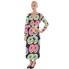 Colorful Donut Seamless Pattern On Black Vector Velvet Maxi Wrap Dress by Sobalvarro