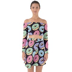 Colorful Donut Seamless Pattern On Black Vector Off Shoulder Top With Skirt Set by Sobalvarro