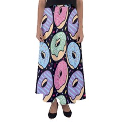 Colorful Donut Seamless Pattern On Black Vector Flared Maxi Skirt by Sobalvarro