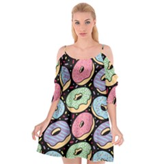 Colorful Donut Seamless Pattern On Black Vector Cutout Spaghetti Strap Chiffon Dress by Sobalvarro