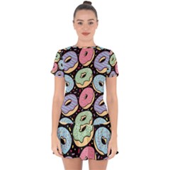 Colorful Donut Seamless Pattern On Black Vector Drop Hem Mini Chiffon Dress by Sobalvarro