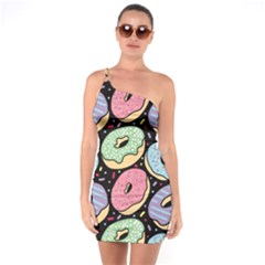 Colorful Donut Seamless Pattern On Black Vector One Soulder Bodycon Dress by Sobalvarro