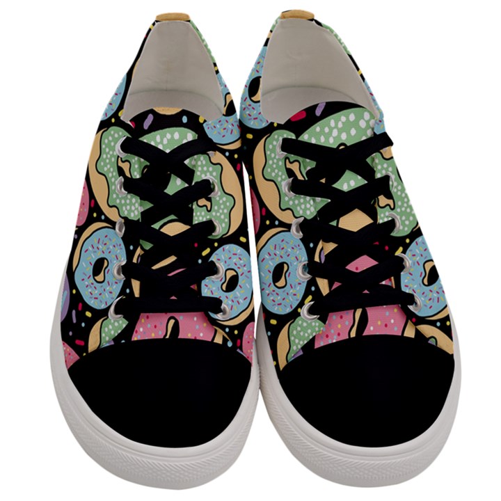 Colorful Donut Seamless Pattern On Black Vector Men s Low Top Canvas Sneakers