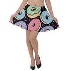 Colorful Donut Seamless Pattern On Black Vector Velvet Skater Skirt by Sobalvarro