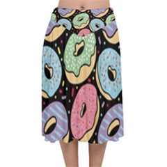 Colorful Donut Seamless Pattern On Black Vector Velvet Flared Midi Skirt by Sobalvarro