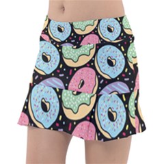 Colorful Donut Seamless Pattern On Black Vector Tennis Skorts by Sobalvarro