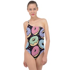 Colorful Donut Seamless Pattern On Black Vector Classic One Shoulder Swimsuit by Sobalvarro