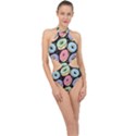 Colorful Donut Seamless Pattern On Black Vector Halter Side Cut Swimsuit View1