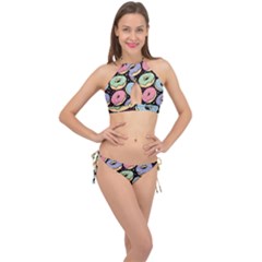 Colorful Donut Seamless Pattern On Black Vector Cross Front Halter Bikini Set by Sobalvarro