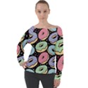 Colorful Donut Seamless Pattern On Black Vector Off Shoulder Long Sleeve Velour Top View1